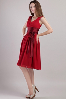 V-Neckline Knee Length Red Junior Prom Dress 