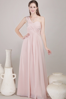 Noble One Shoulder Column Pink Chiffon Junior Prom Dress With Beads 