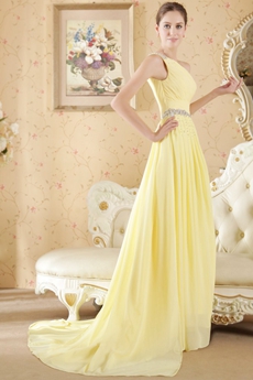 One Shoulder A-line Yellow Chiffon Junior Prom Dress 
