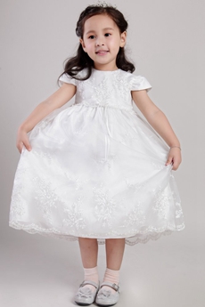 Cute Short Sleeves Tea Length Infant Lace Flower Girl Dress