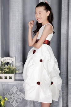 Tea Length Jewel Neckline White Flower Girl Dress With Burgundy Sash 