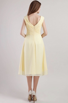Tea Length V-Neckline Yellow Chiffon Wedding Guest Dress 