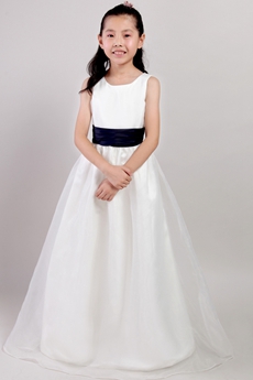 Square Neckline White Organza Flower Girl Dress With Royal Blue Sash 