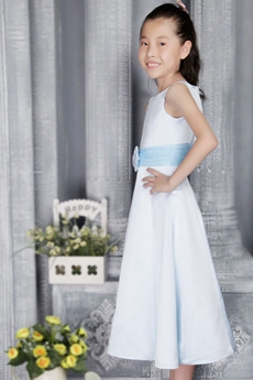 Jewel Neckline Tea Length Light Sky Blue Little Girls Pageant Dress  