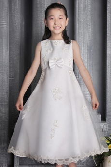 Jewel Neckline Tea Length White Flower Girl Dress With Pearls 