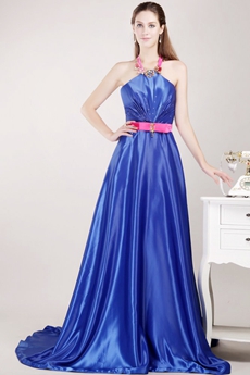 Open Back Halter Royal Blue Satin Prom Party Dress 