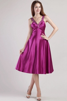Knee Length V-Neckline Fuchsia Junior Prom Party Dress 