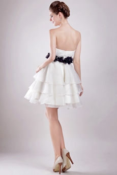 Puffy Mini Length White Cocktail Dress With Black Sash 
