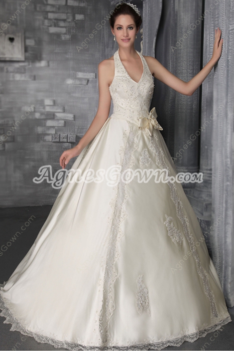 Classy Halter Ball Gown Ivory Lace Wedding Dress  
