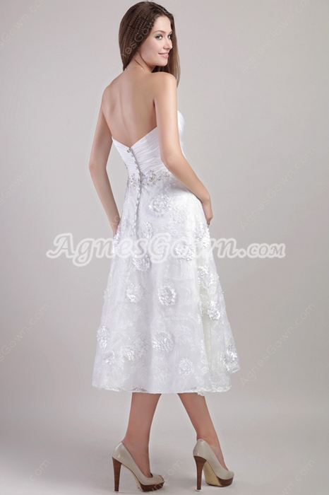 Tea Length Lace Beach Wedding Dress With Handmade Flowers 