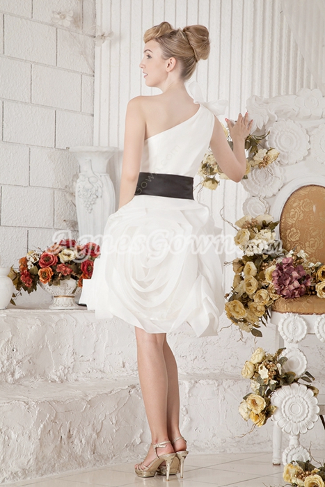 Sassy One Shoulder Mini Length White Sweet Sixteen Dress With Black Sash 