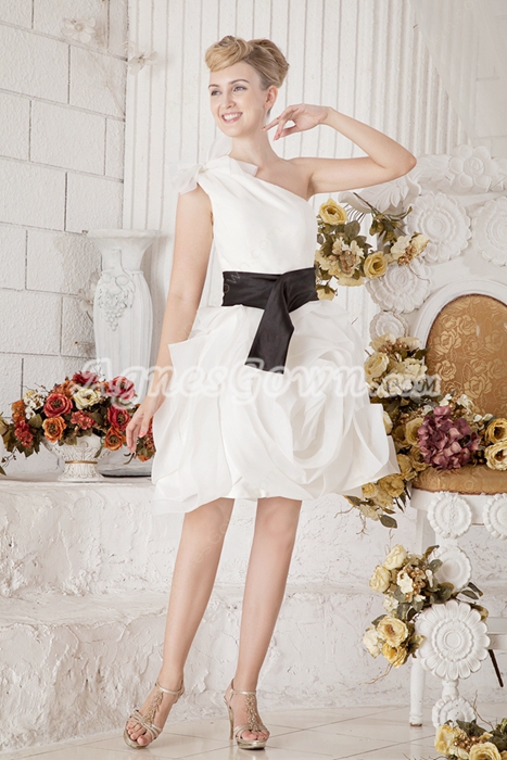 Sassy One Shoulder Mini Length White Sweet Sixteen Dress With Black Sash 