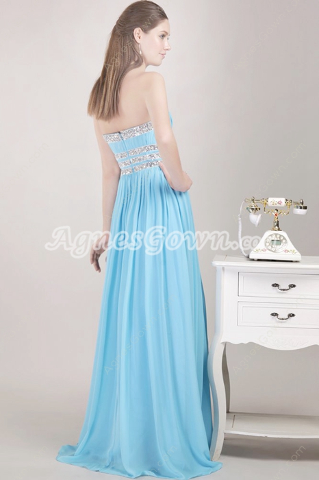 Sassy Strapless Blue Chiffon Prom Party Dress With Beads 