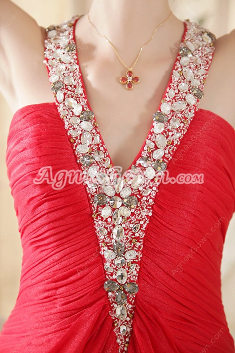 V-neckline Halter Red Chiffon Celebrity Evening Gown 