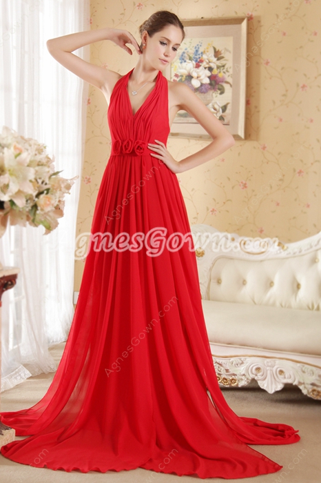 Chic Halter Red Chiffon Formal Evening Dress 