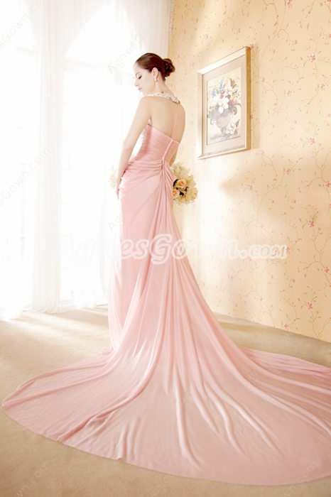 V-Neckline Pink Chiffon Celebrity Evening Dress With Beads