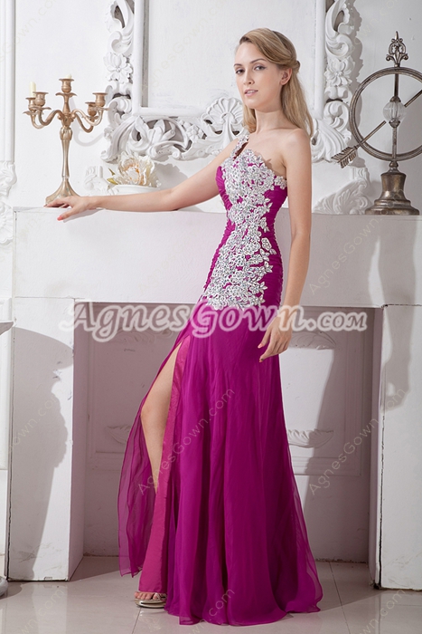 Lovely One Shoulder Fuchsia Prom Party Dress With Appliques 