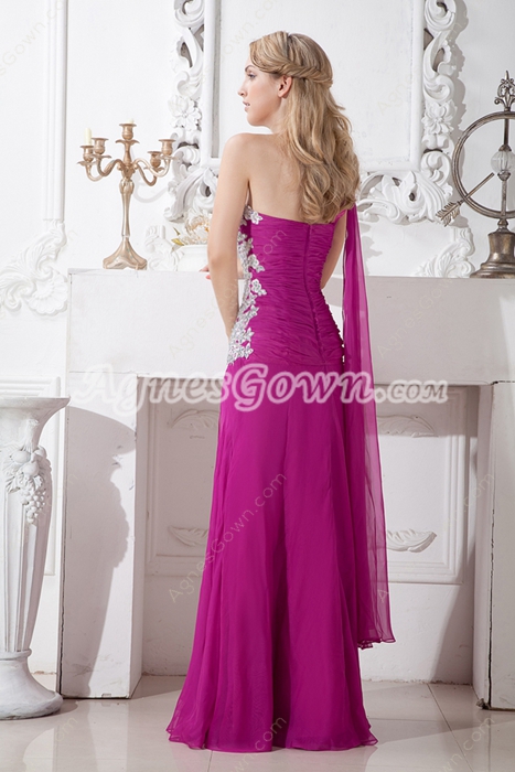 Lovely One Shoulder Fuchsia Prom Party Dress With Appliques 