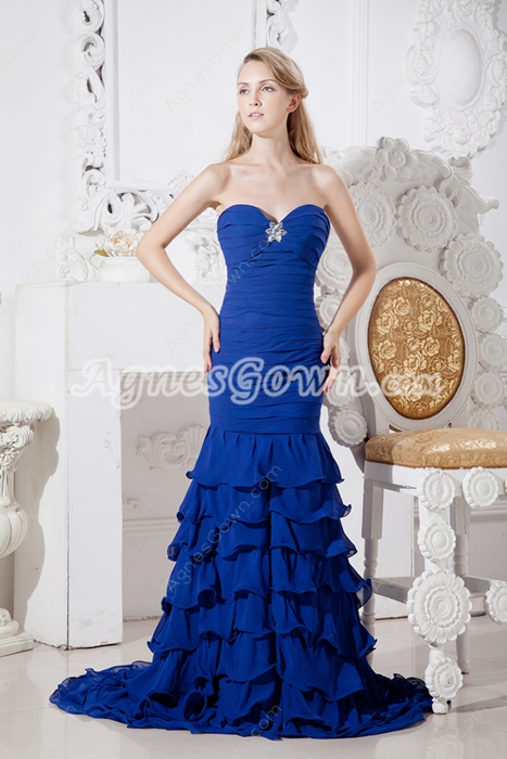 Stunning Royal Blue Chiffon Mermaid Prom Dress With Frills 