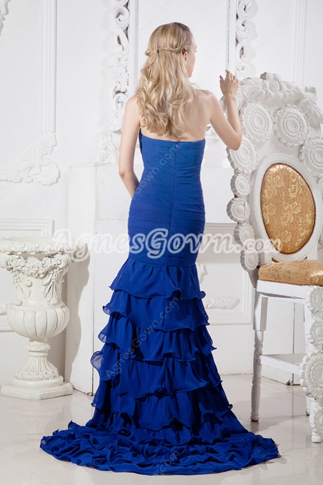 Stunning Royal Blue Chiffon Mermaid Prom Dress With Frills 