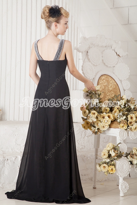 Bateau Neckline A-line Black Chiffon Pageant Prom Dress 