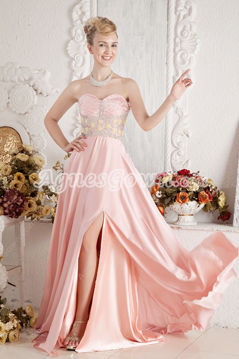 Sweet Pink Satin Prom Dress With Beads 