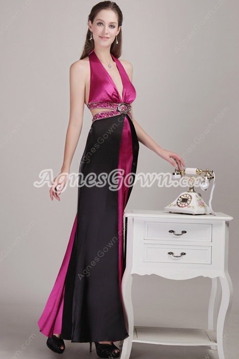Sexy Top Halter Black & Fuchsia Evening Dress 
