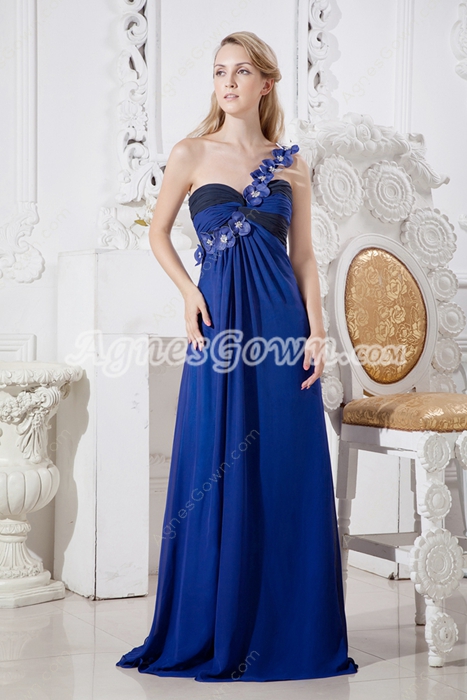 Colorful One Shoulder Royal Blue And Black Evening Maxi Dress 