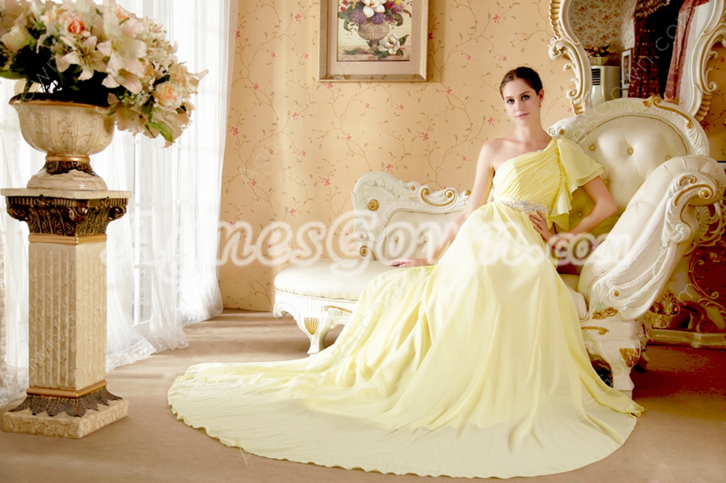Pretty One Shoulder Short Sleeves Yellow Engagement Evening Dress 