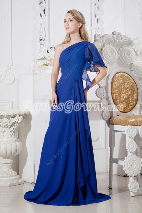 Short Sleeves One Shoulder Royal Blue Chiffon Prom Dress 