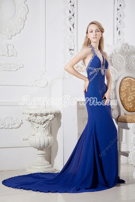 Top Halter A-line Royal Blue Chiffon Celebrity Evening Dress 