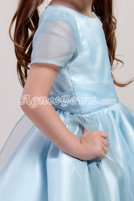 Modest Baby Blue Cute Keen Length Little Girls Party Dresses With Sash 