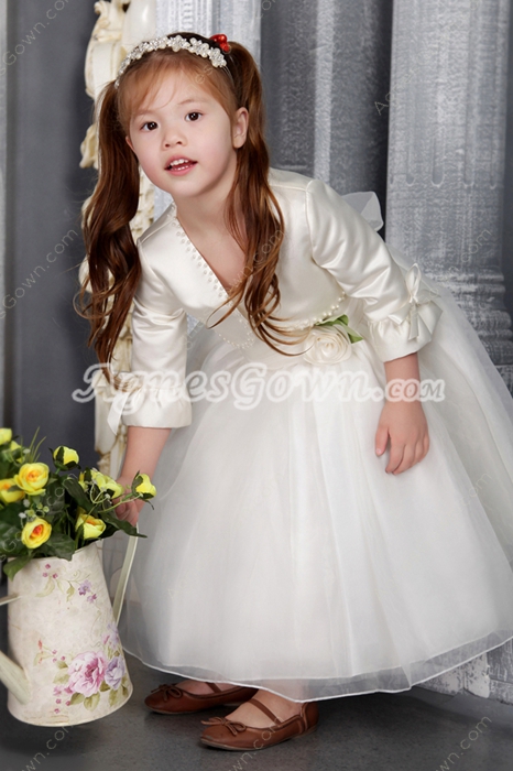 Modest Puffy Tea Length Little Flower Girl Dresses with 3/4 Sleeves