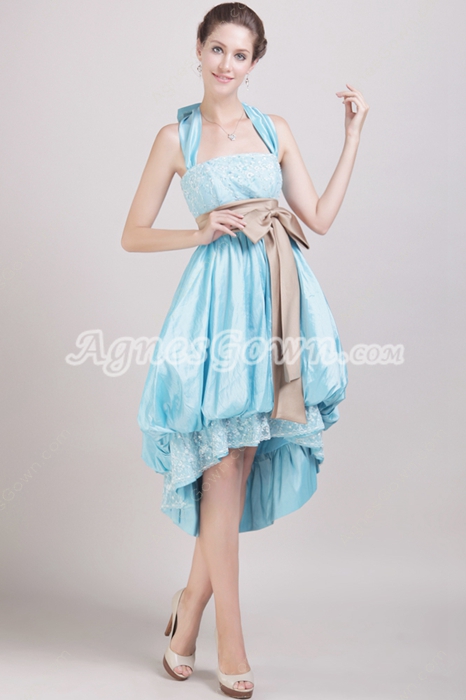 Sassy Top Halter High Low Blue Prom Dress With Sash 