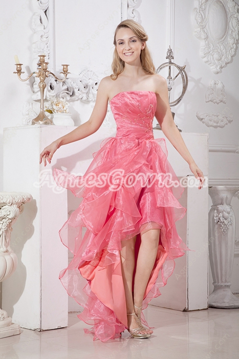 Lovely Watermelon Organza High Low Sweet 16 Dress With Ruffles 