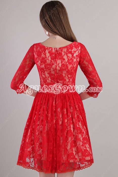 3/4 Sleeves Jewel Neckline Red Lace Homecoming Dress 