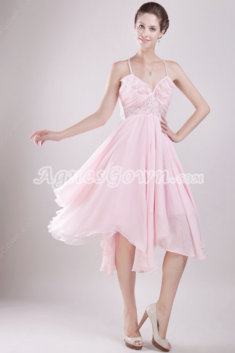 Spaghetti Straps High Low Pink Chiffon Homecoming Dress 