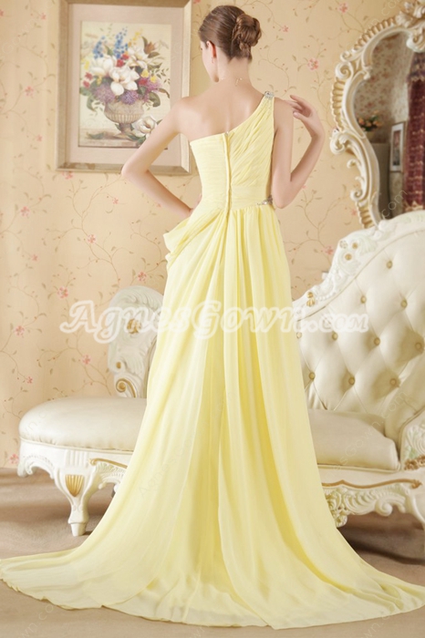 One Shoulder A-line Yellow Chiffon Junior Prom Dress 
