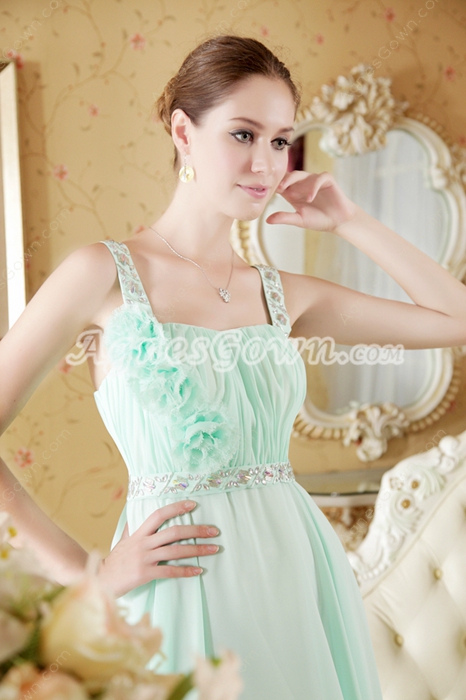 Cute Mint Green Chiffon Bridesmaid Dress With Handmade Flower 