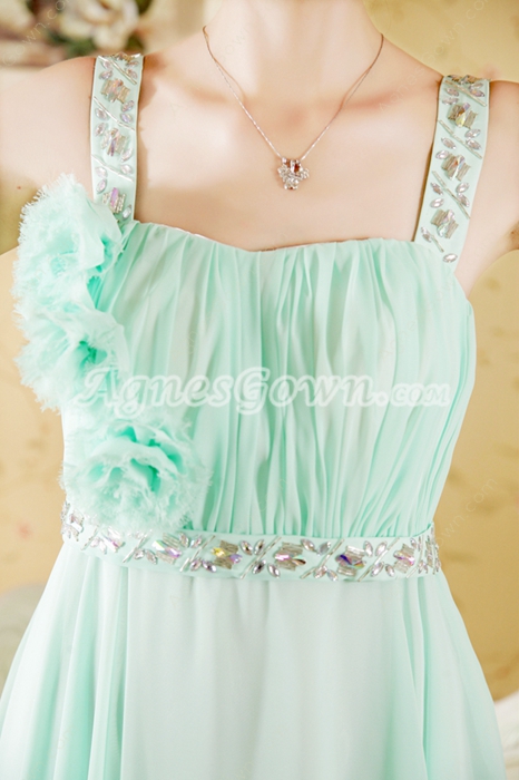 Cute Mint Green Chiffon Bridesmaid Dress With Handmade Flower 