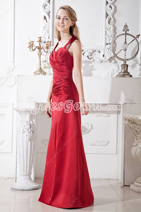 Top Halter A-line Red Satin Bridesmaid Dress 