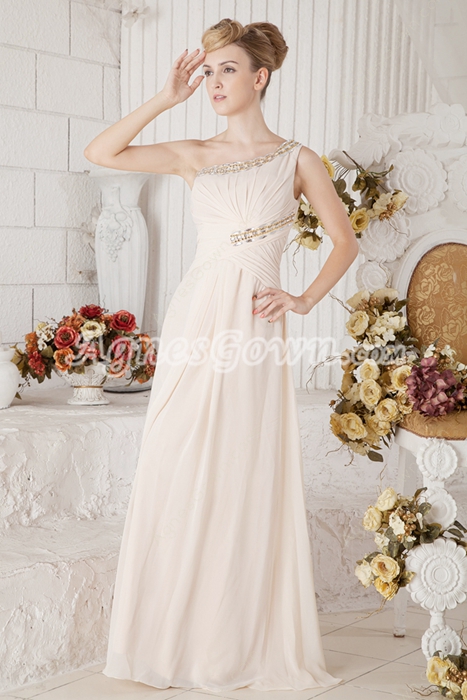 Delicate One Shoulder Champagne Chiffon Bridesmaid Dress 
