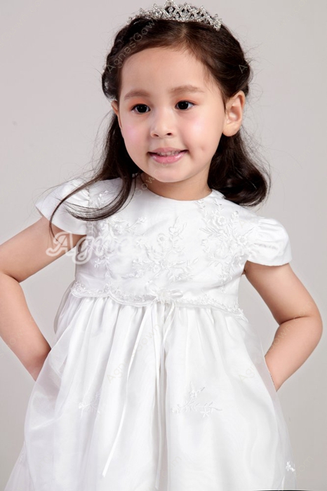 Cute Short Sleeves Tea Length Infant Lace Flower Girl Dress