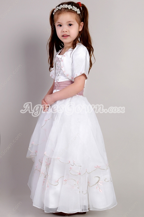 Lovely Dusty Rose And White Embroidery Flower Girl Dress 