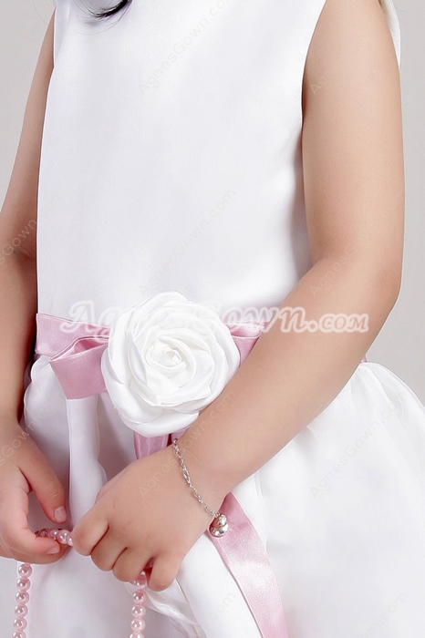 Ankle Length White Organza Flower Girl Dress With Pink Sash 