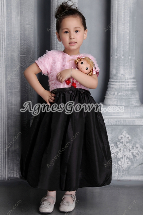 Pink And Black Toddler Flower Girl Dress Short Sleeves 