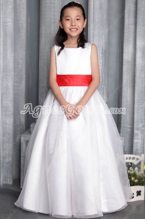 Boat Neckline Puffy White Flower Girl Dress With Red Sash 