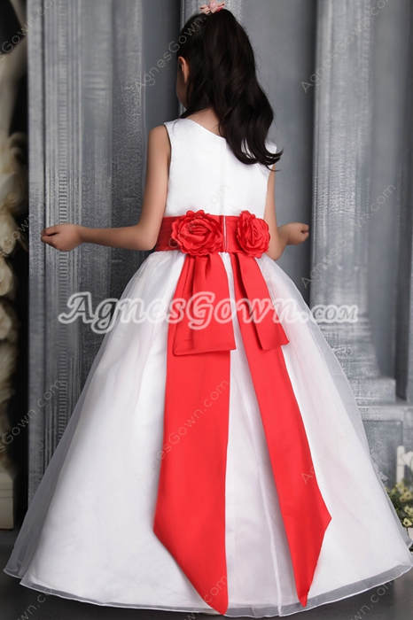 Boat Neckline Puffy White Flower Girl Dress With Red Sash 