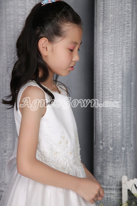 Scoop Neckline Organza Tea Length Flower Girl Dress With Pearls 