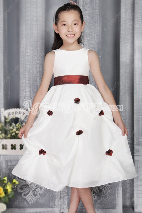 Tea Length Jewel Neckline White Flower Girl Dress With Burgundy Sash 
